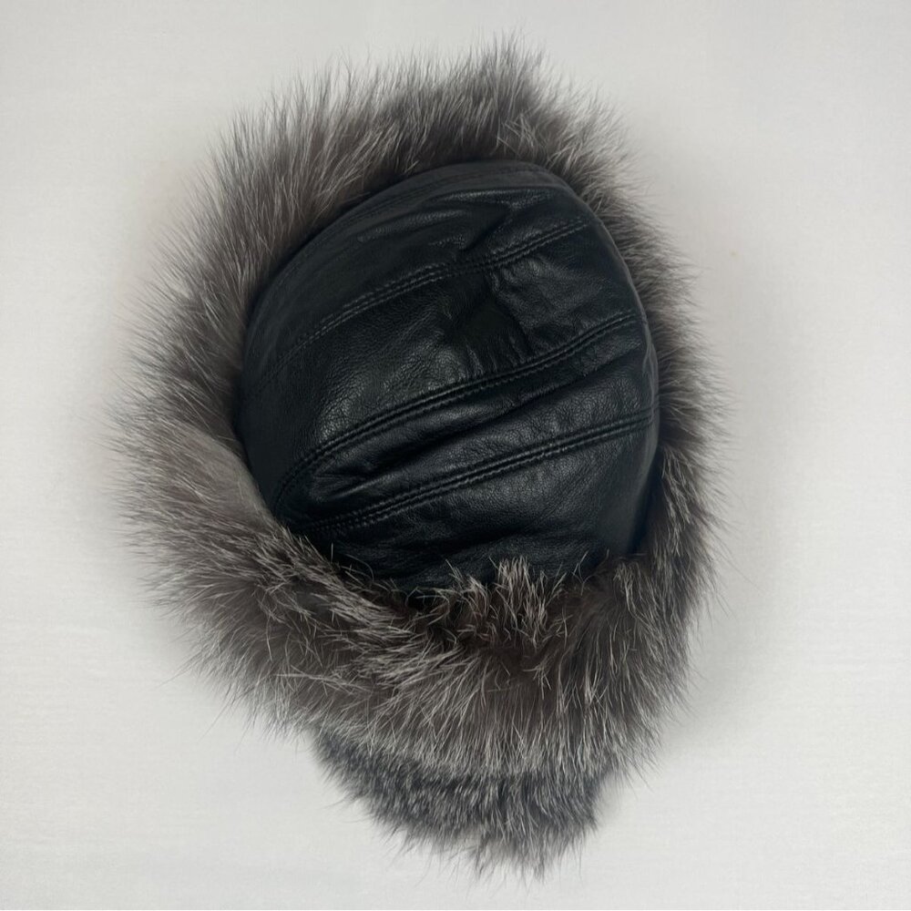 FRR Men Silver Fox Fur Black Leather Trapper Hat Winter Ear Flaps